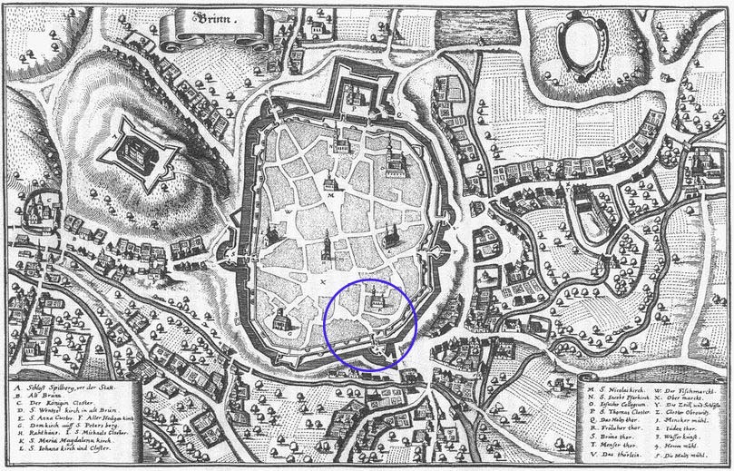 Plán Brna v roce 1650. Vyznačená část zhruba odpovídá umístění původní Židovské brány a Židovské ulice. Zhruba v těchto místech také vede dnešní Masarykova ulice.