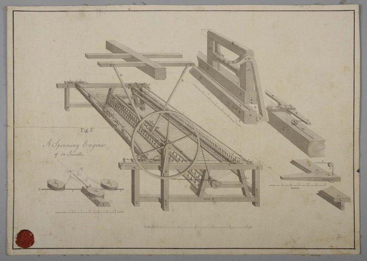 Plán spřádacího stroje s osmdesáti cívkami, který roku 1801 přivezl z Anglie Hugo Franz Salm-Reifferscheidt. Foto © Státní zámek v Rájci nad Svitavou