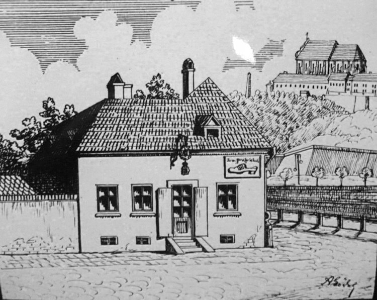 Dům U Velkého střevíce (reprofoto: K. k. Priv. Militär- und Feintuchfabrik J. H. Offermann in Brünn)