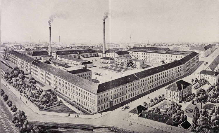 Továrna J. H. Offermann in Brünn s rodinnou vilou stávala v místech dnešního obchodního domu Tesco, kolem 1890 (reprofoto: K. k. Priv. Militär- und Feintuchfabrik J. H. Offermann in Brünn)